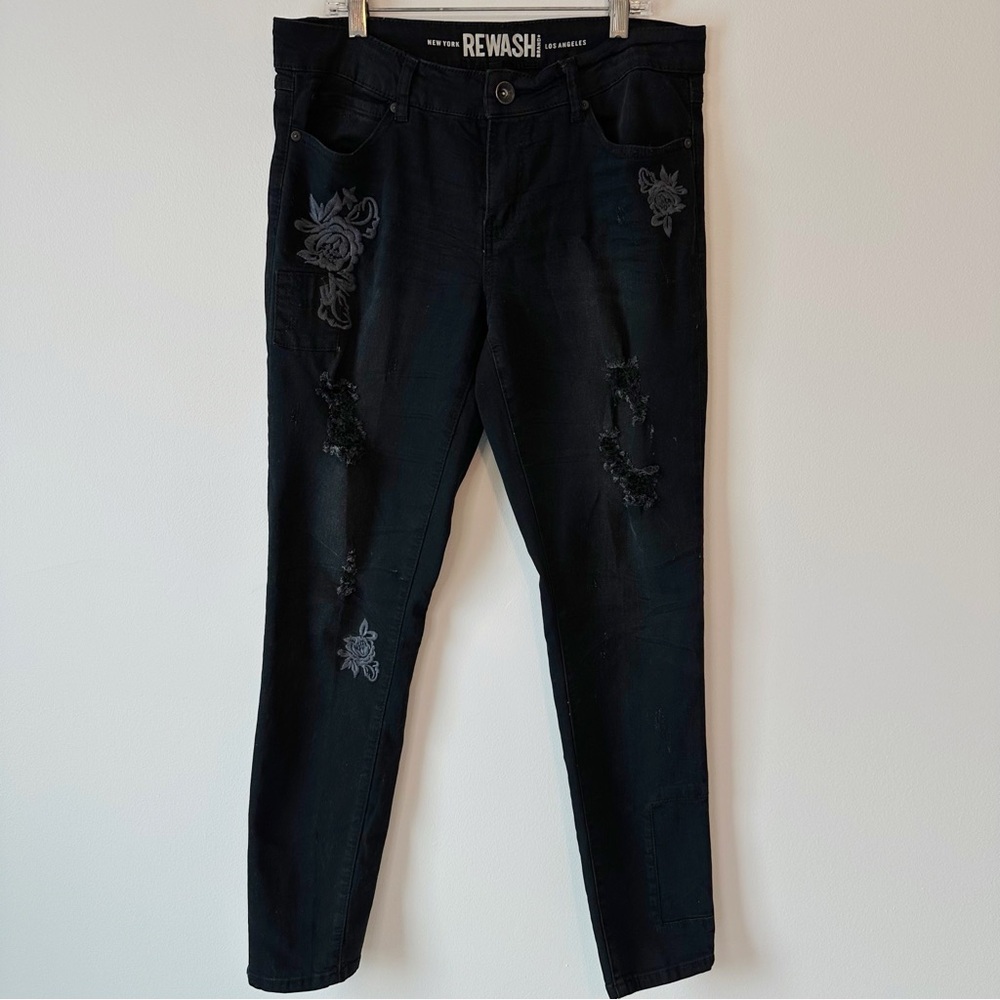Rewash Black Women’s Denim Jeans Embroidered Distressed Whiskered, size 11